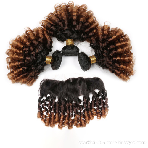 Ombre Bundles with Frontal Brazilian 1b/4/30 Human Hair Bouncy Curly  Bundles with Closure Short curly human hair wave bundles